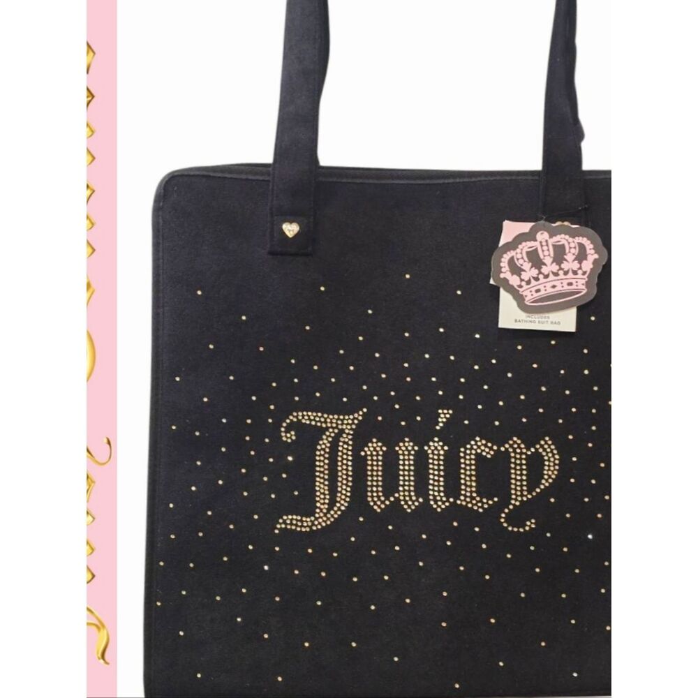 Juicy Couture Gold Rhinestone Logo Tote Bag w/Swimsuit Bag